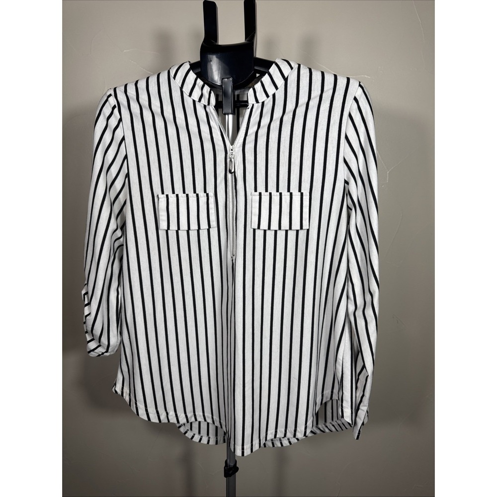 Moyabo Womens White Striped Shirt/Blouse‎ 1/4 Zip Cuffed Tunic Top Size L